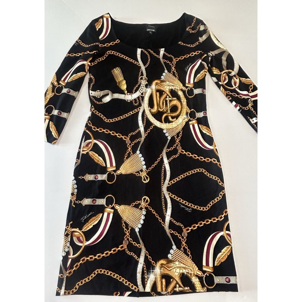 Just Cavalli Women's Black Graphic Print Midi Bodycon Dress Size IT 46/ US 10